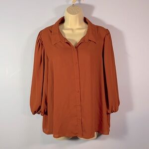 Nanette Leopre size XL rust orange Flowy puff sleeve button down blouse autumn